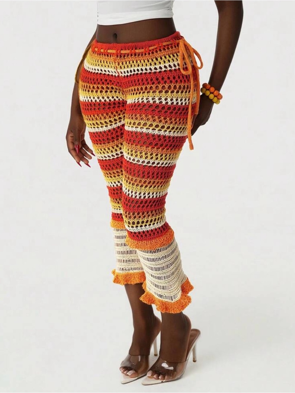 Women's Colorful Knit Crochet Capri Pants Orang Multicolor Small